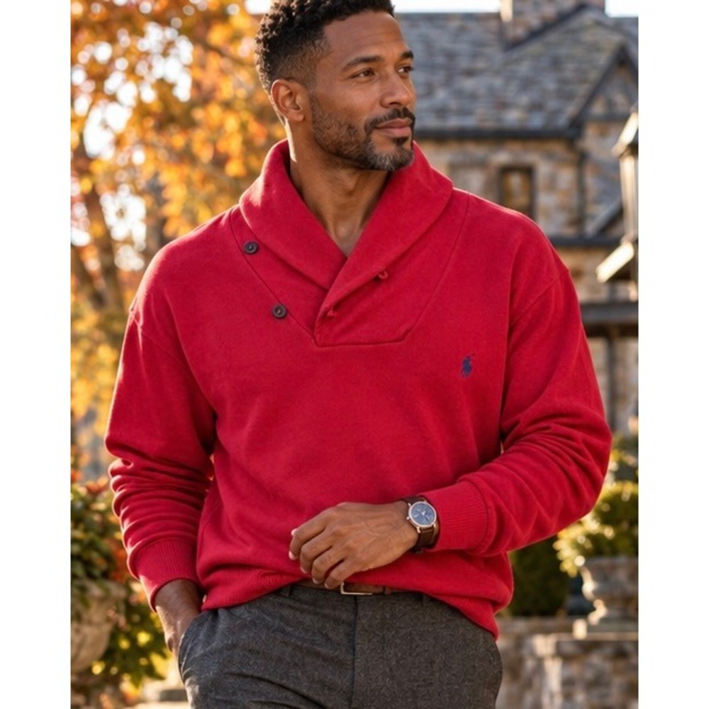 Polo Ralph Lauren Men's Red Cotton Shawl Collar Pullover Sweatshirt Large